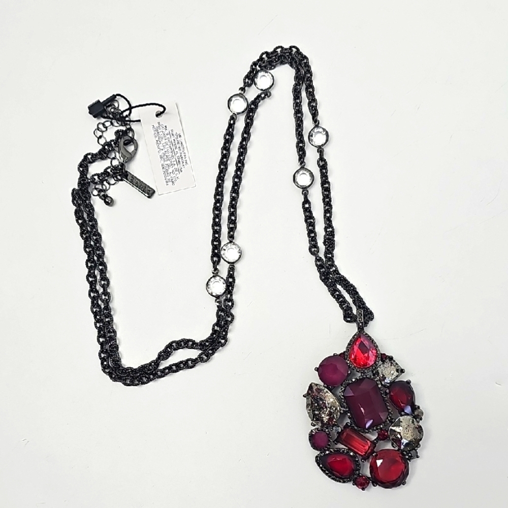 WHBM Gunmetal &‎ Deep Red Oxblood Cranberry & Clear Crystal Pendant Necklace